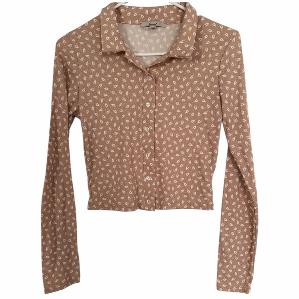 Papaya Women’s Long Sleeve Crop Top Leaf Pattern Size Small Pre-Loved PTP 14”